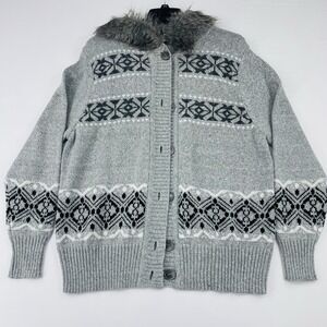 Seventh Avenue Womens Hooded Cardigan Faux Fur Buttons 1X Aztec Soft Sweater